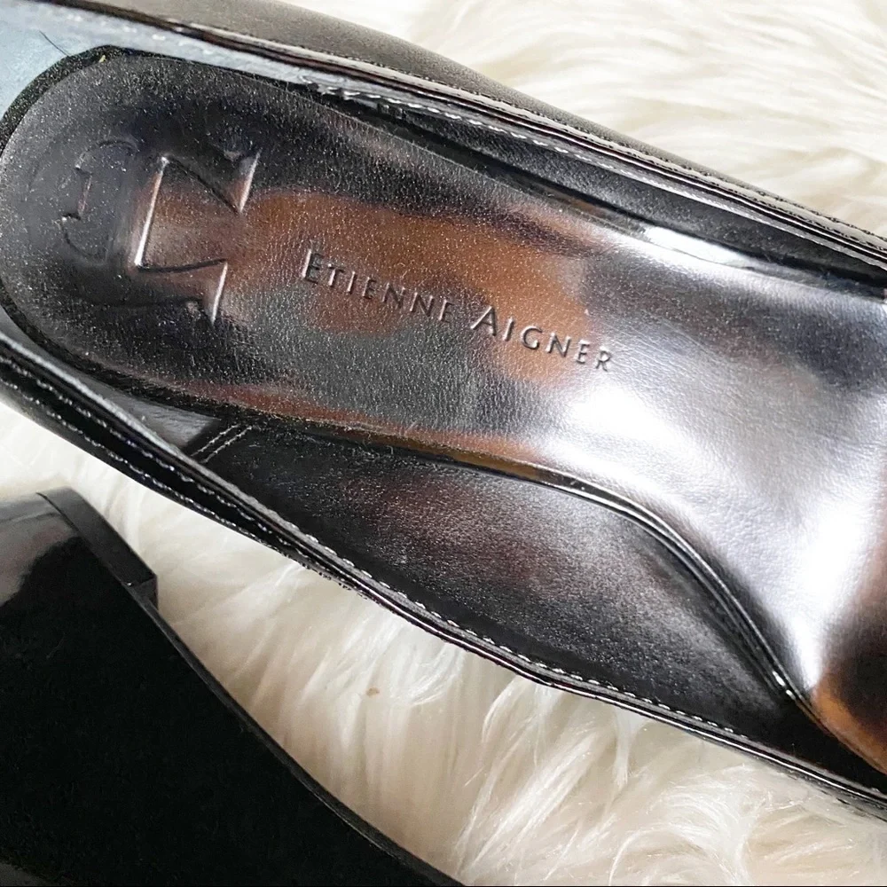 Etienne Aigner Black Peep Toe Patent Wedges SZ 8.5